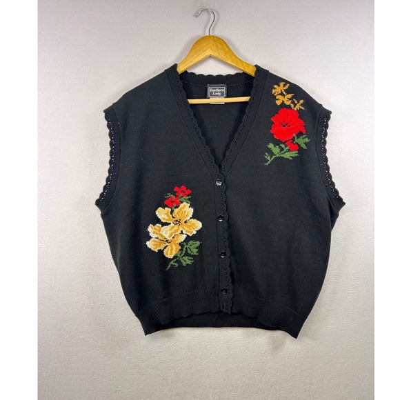 Southern Lady Jackets & Blazers - Vintage Southern Lady Black Embroidered Floral V Neck Button Front Knit Vest 1X